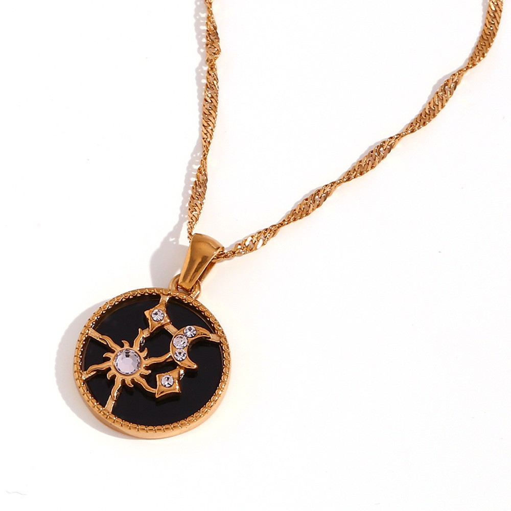 Wired Sun Moon star shell round necklace-Gold-black shell