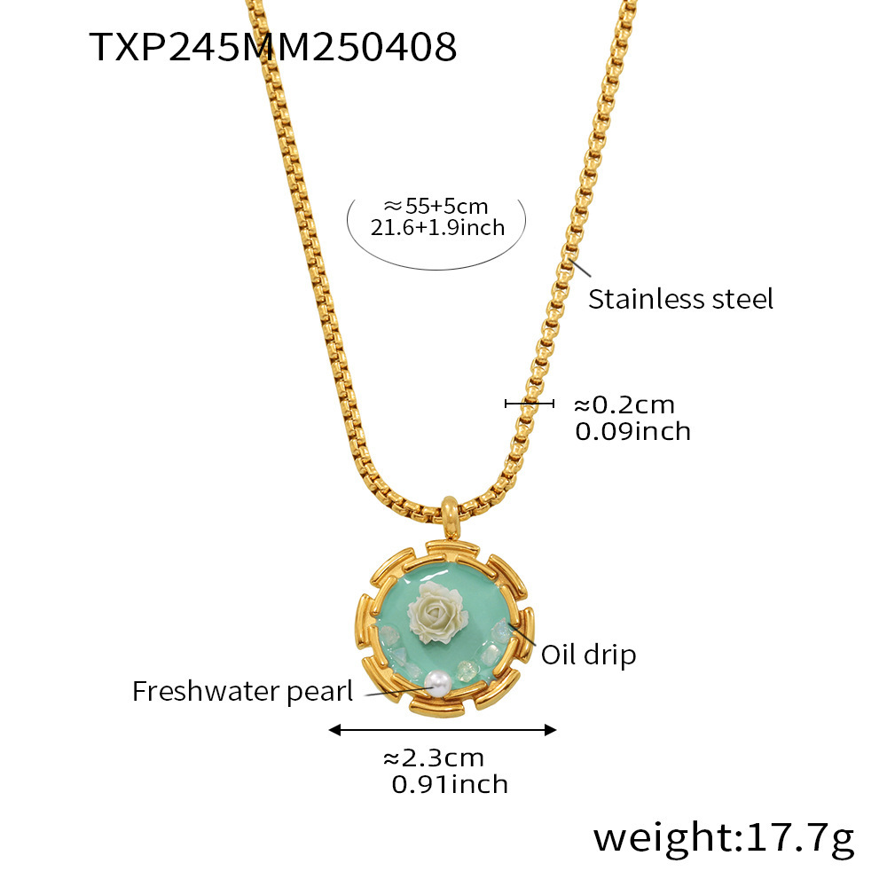 Txp245-matcha rose enamel necklace 55 5cm