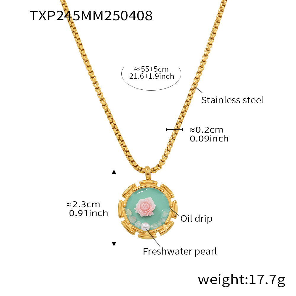 Txp245-pink rose enamel necklace 55 5cm