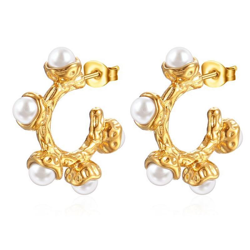 Pearl C- shaped inlaid pearl earrings gold