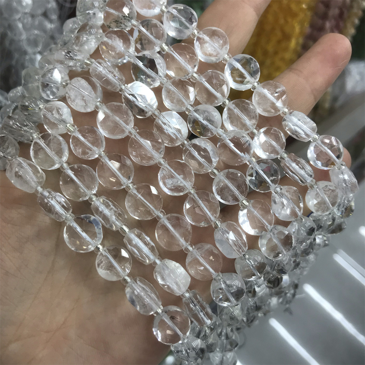10mm faceted round flat bead white crystal