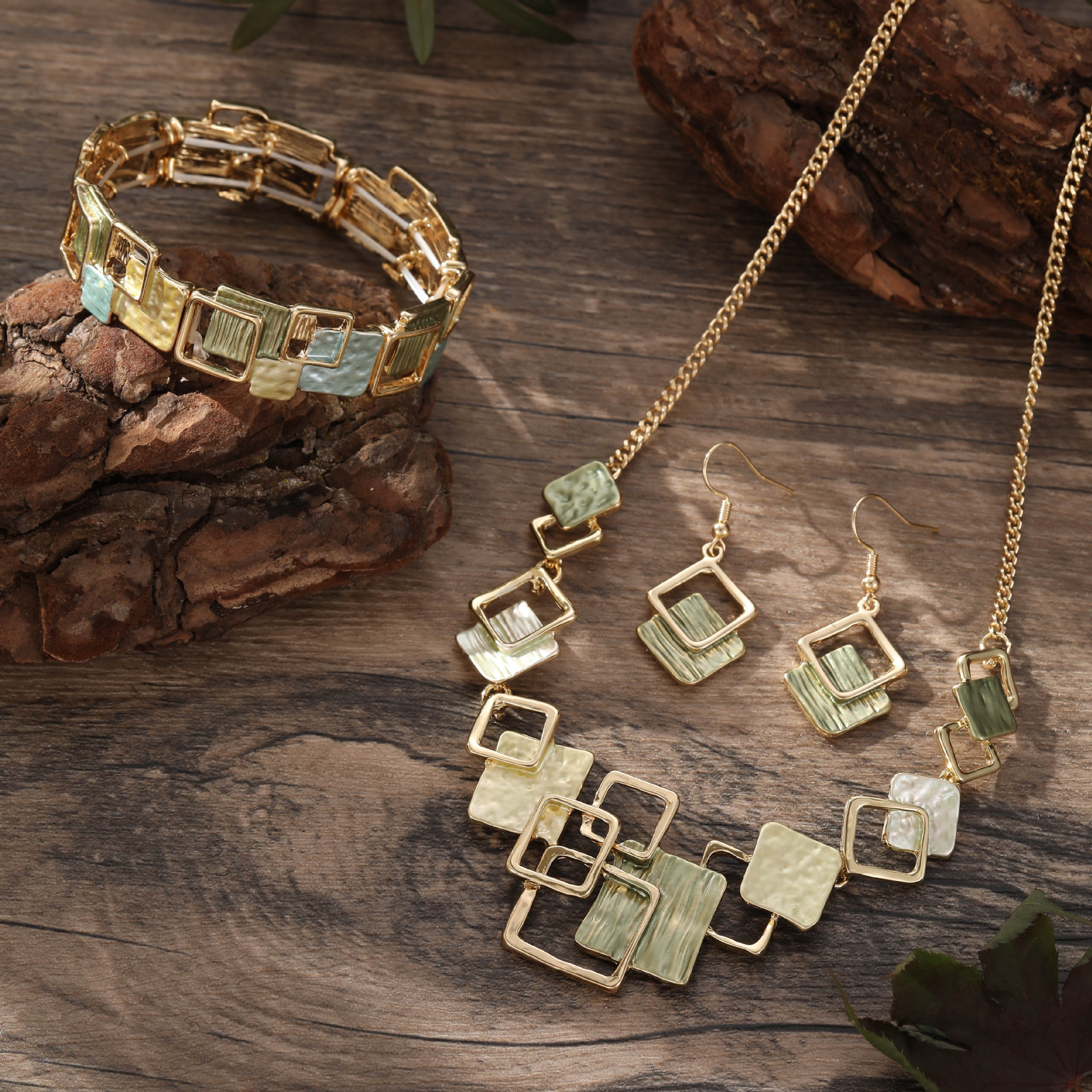 light green geometric square necklace earrings bracelet suit