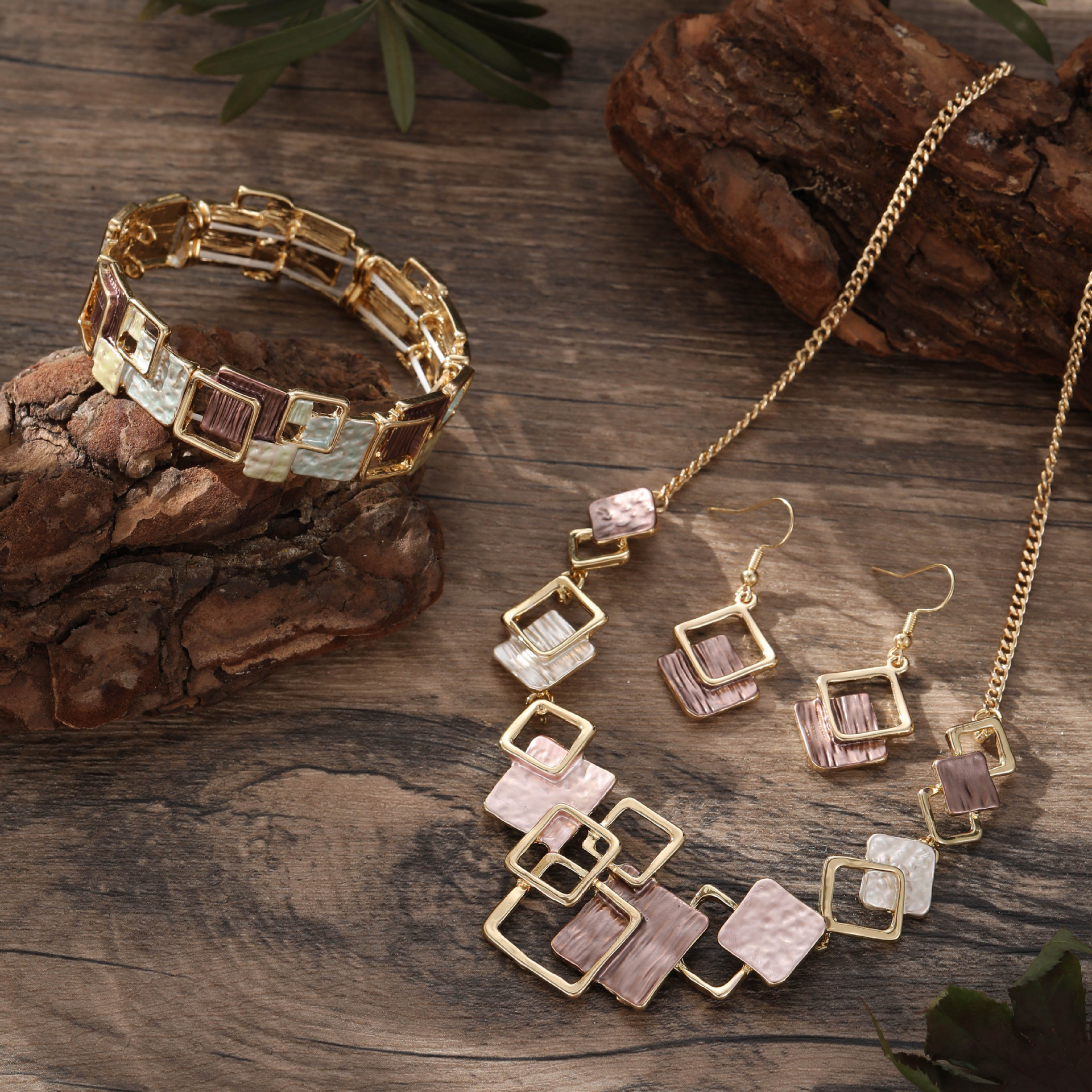 brown geometric square necklace earrings bracelet suit