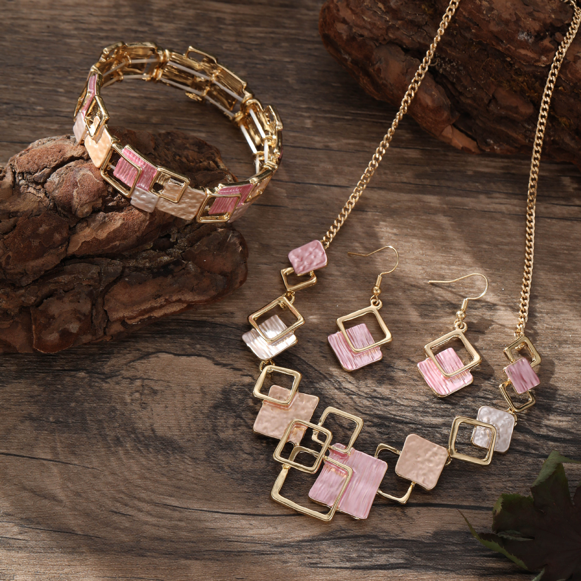 Pink geometric square necklace earrings bracelet suit