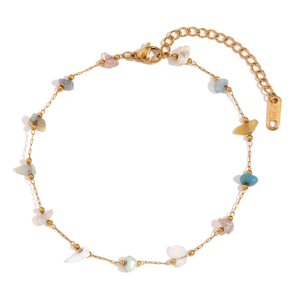 Natural gravel handmade chain anklet-gold-colored stone