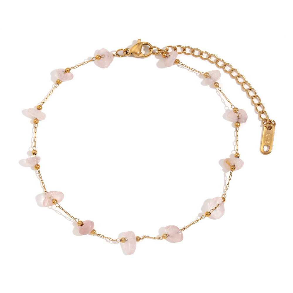 Natural gravel handmade chain anklets-gold-pink crystal