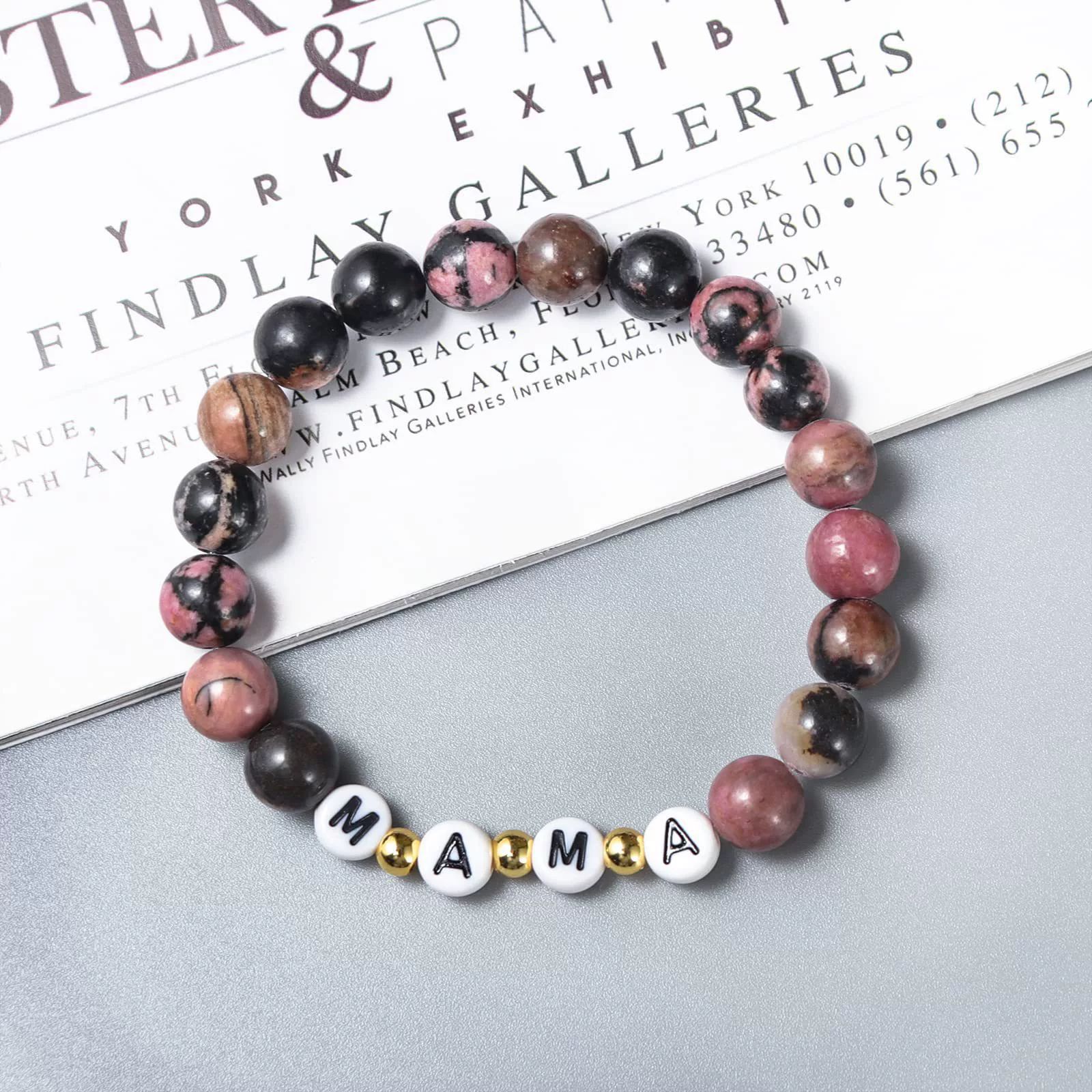 Rhodochrosite mama letters gold beads