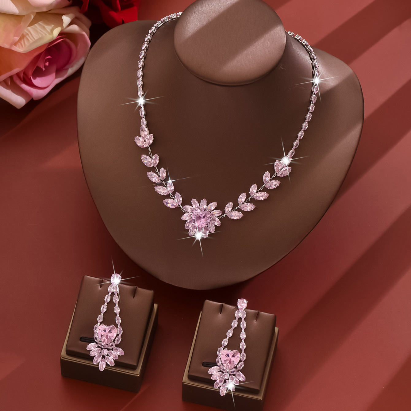 pink necklace and earrings