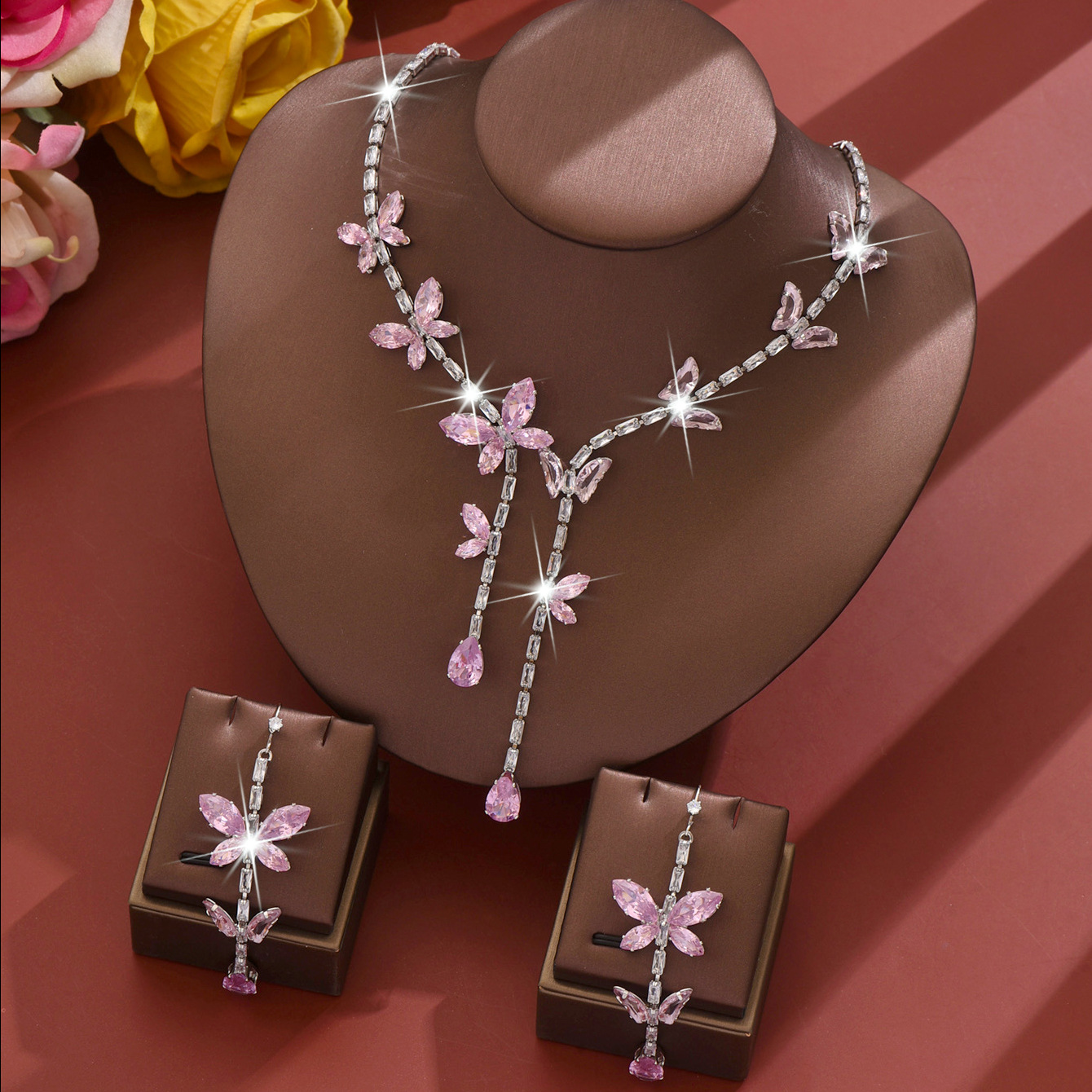 pink necklace   earrings