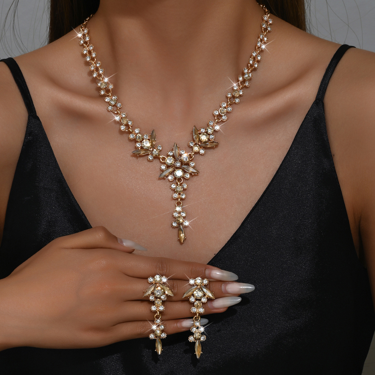 gold champagne necklace earrings