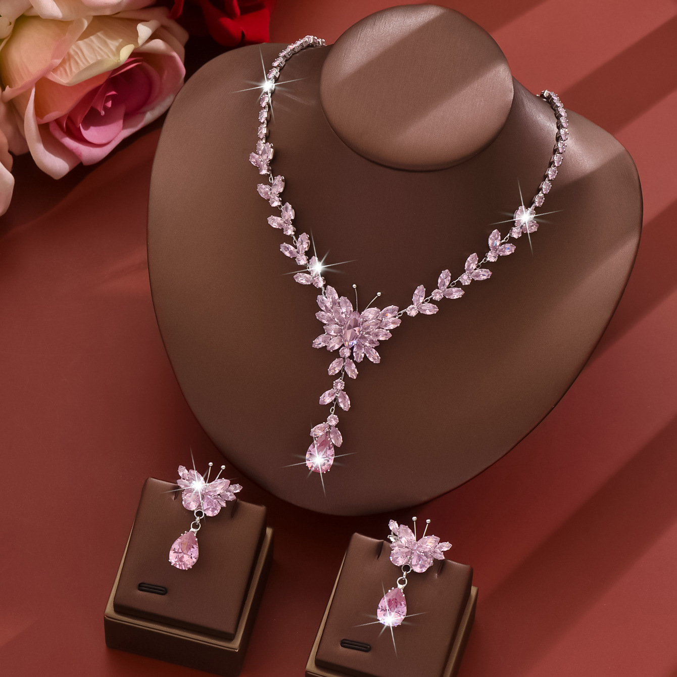 pink necklace   earrings