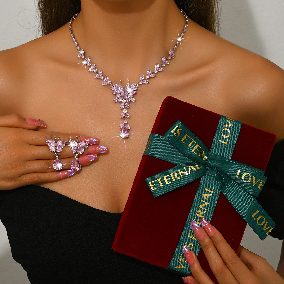 pink necklace   earrings   large gift box red