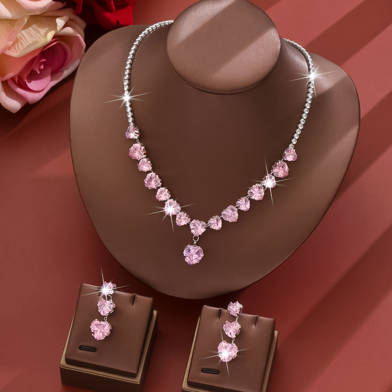 pink necklace   earrings