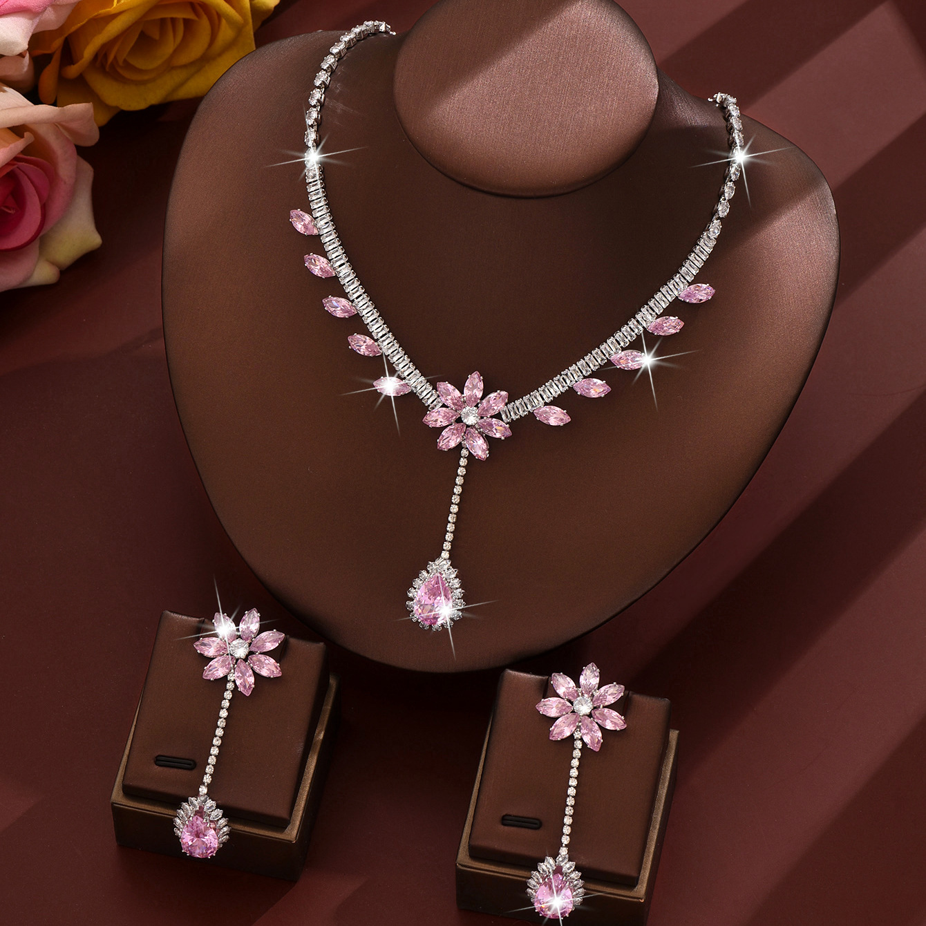 pink necklace   earrings