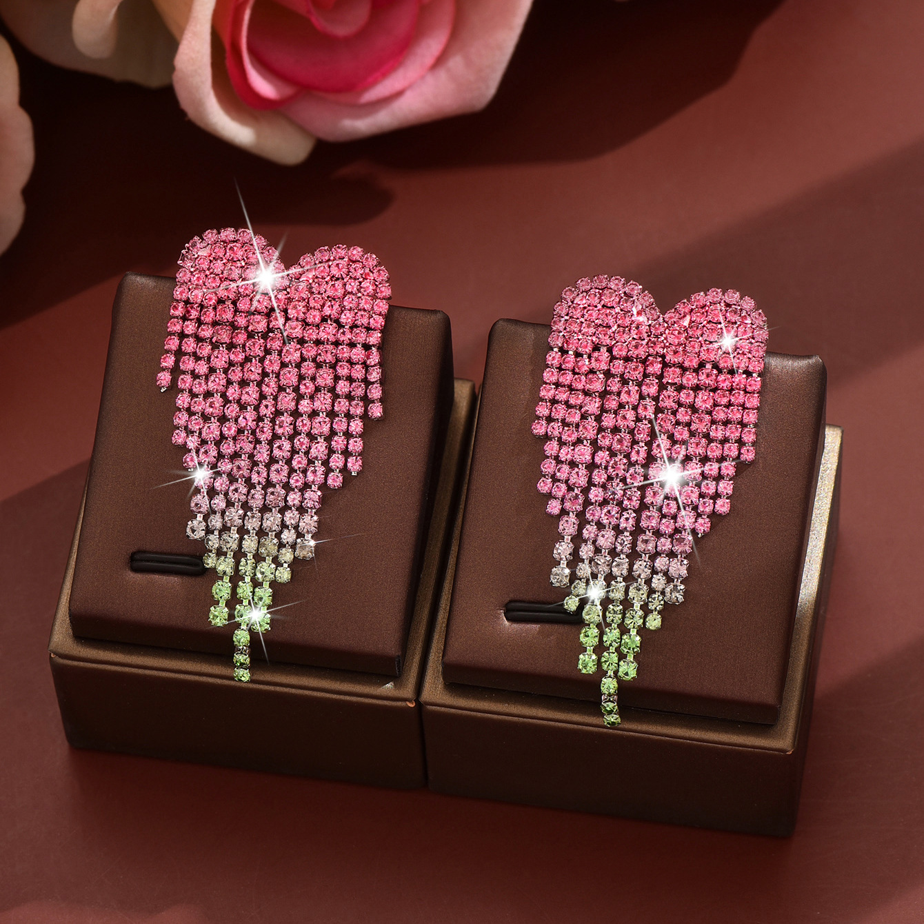 rose red and green earrings