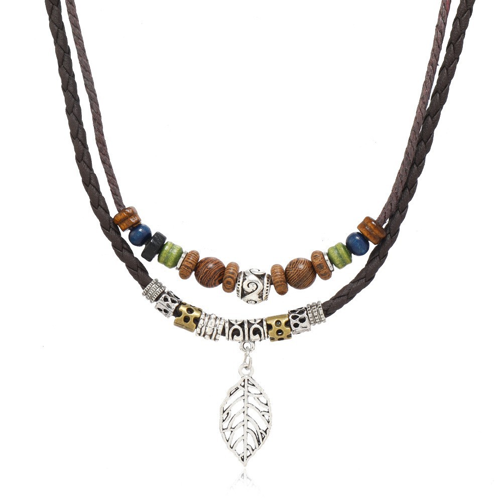 Brown leather rope leaf pendant