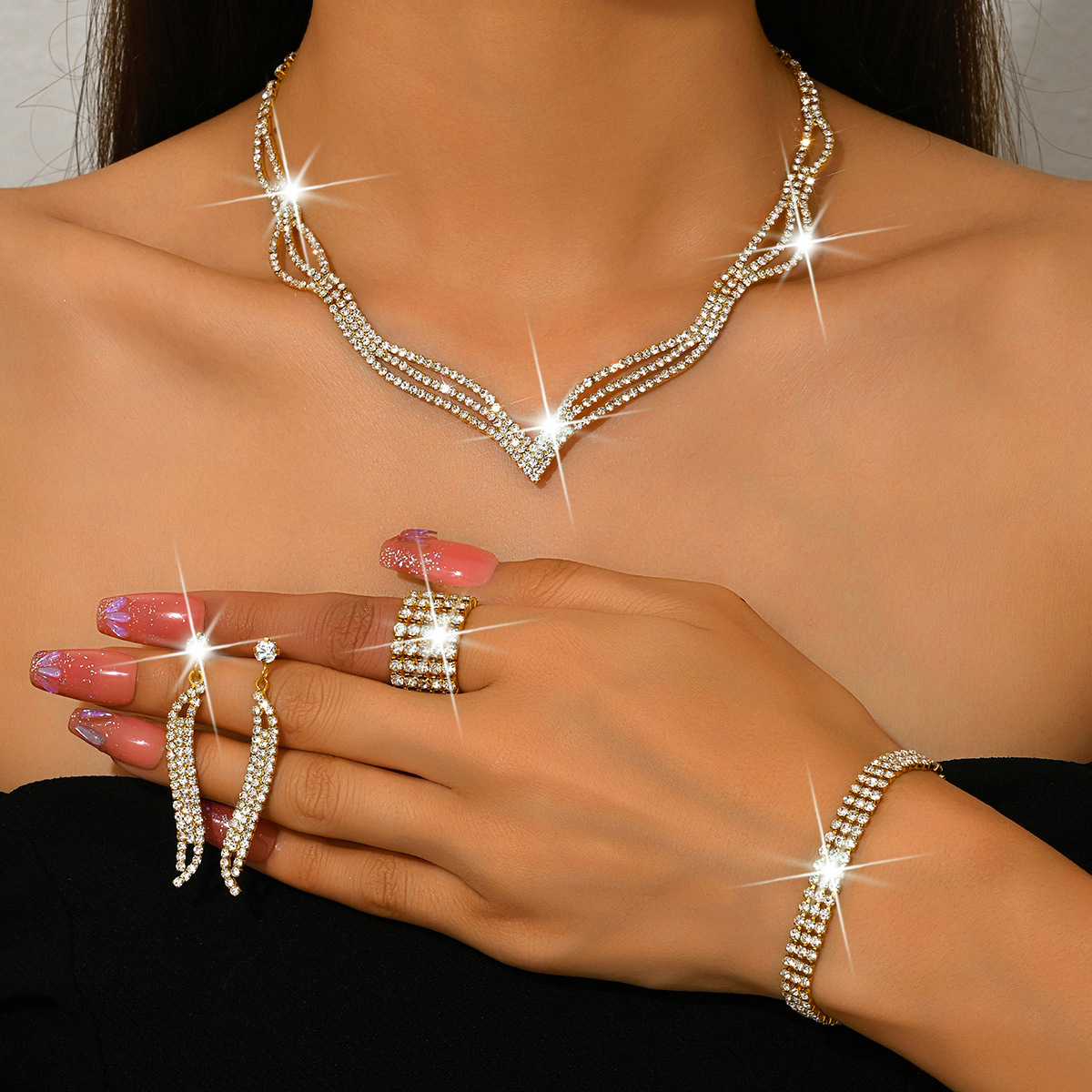 472599 424-5 gold necklace earrings bracelet ring 5 rows