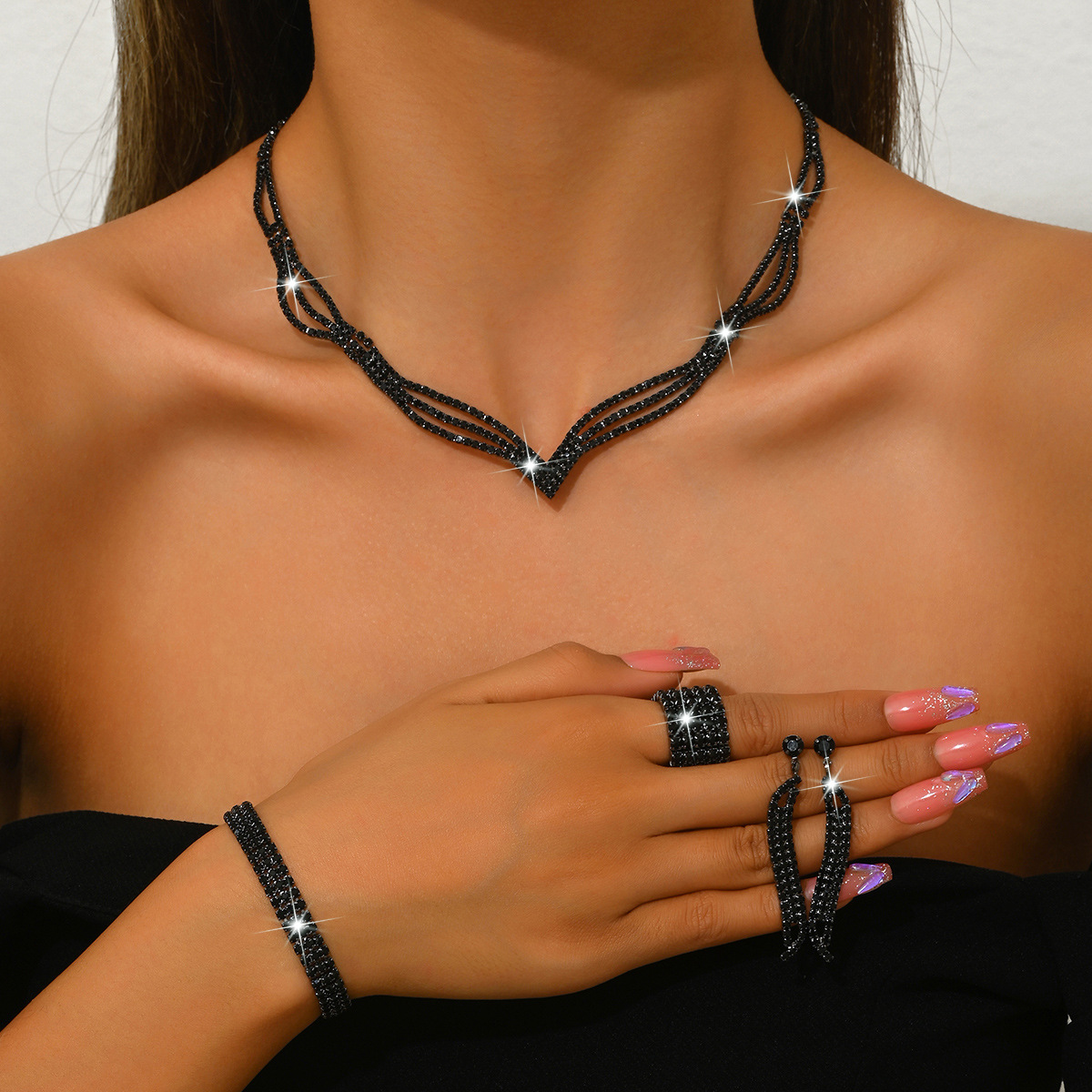 472 599 424-5 black necklace earrings bracelet lobster clasp ring 5 rows
