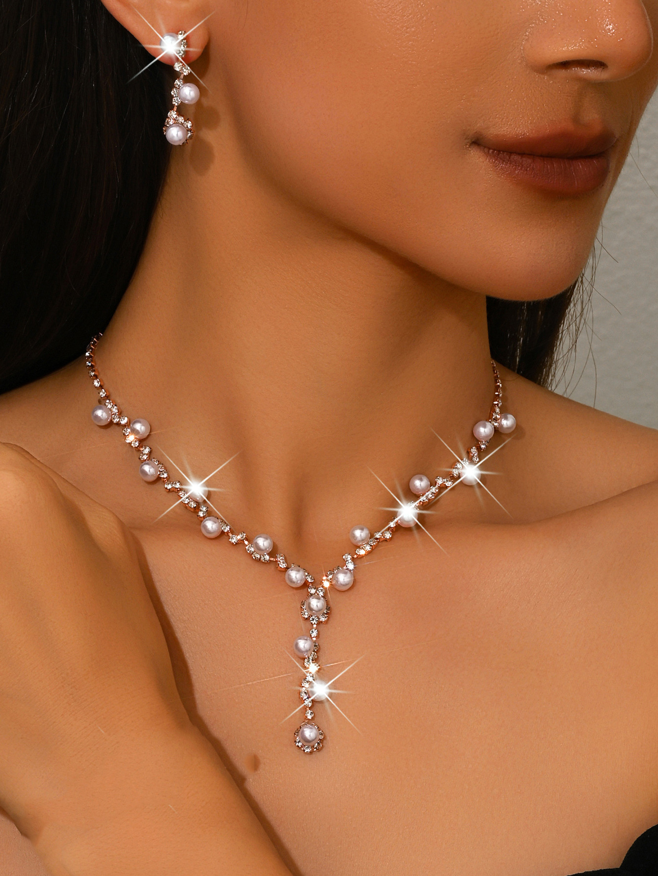 483 rose gold pearl necklace earring set