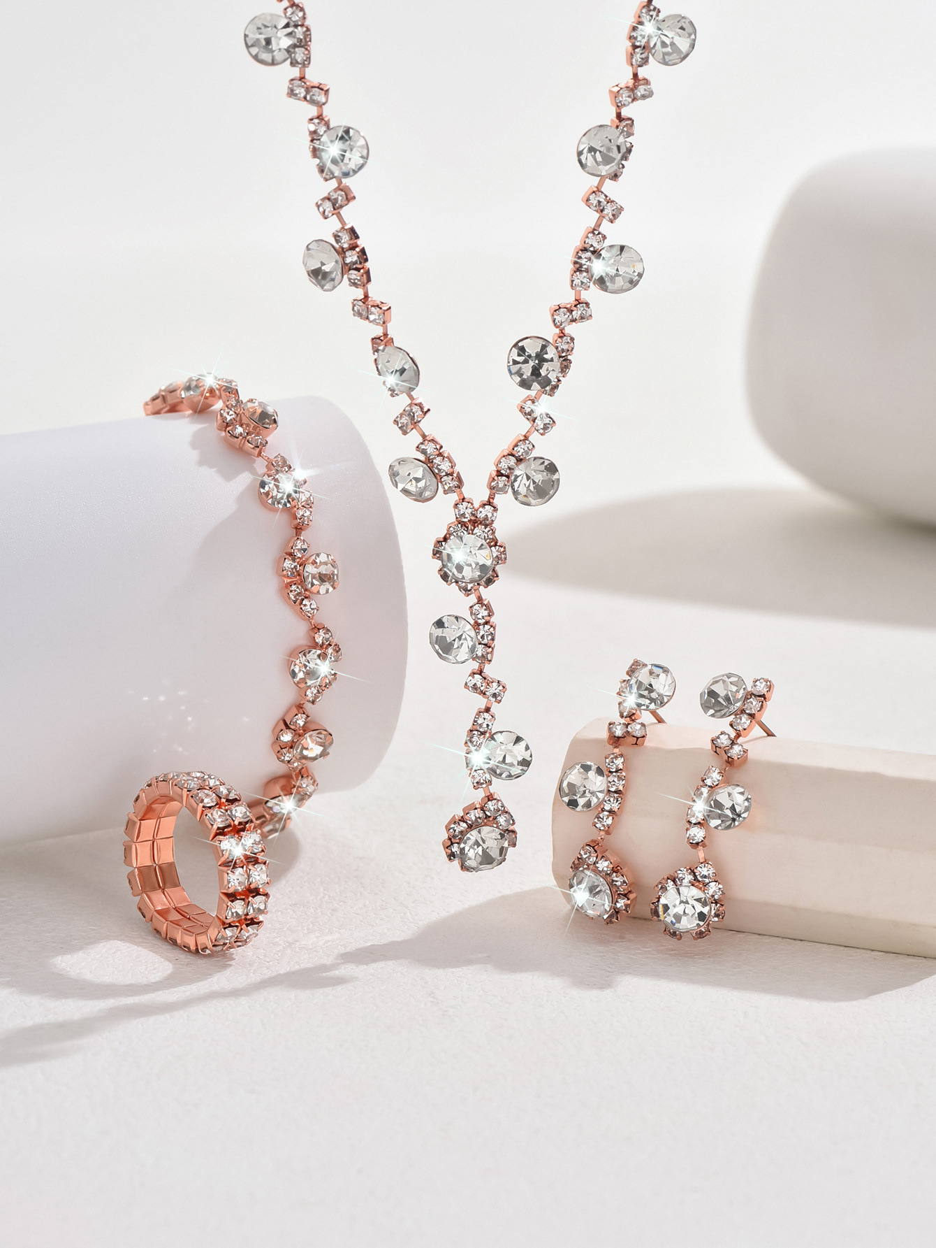 C rose gold necklace earrings bracelet ring 2 rows