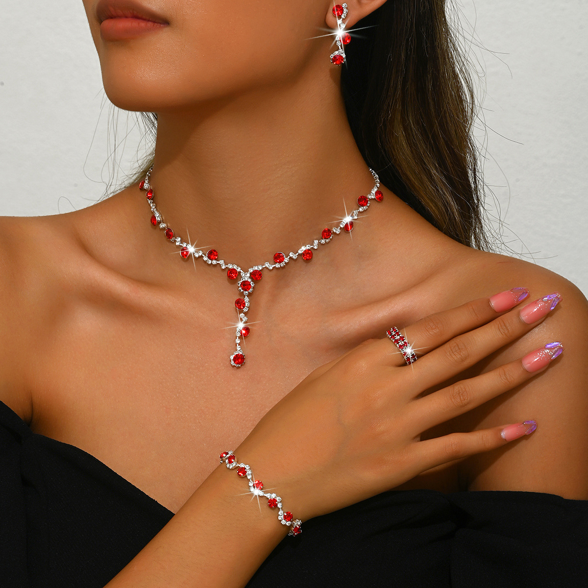 D red necklace earrings bracelet ring 2 rows