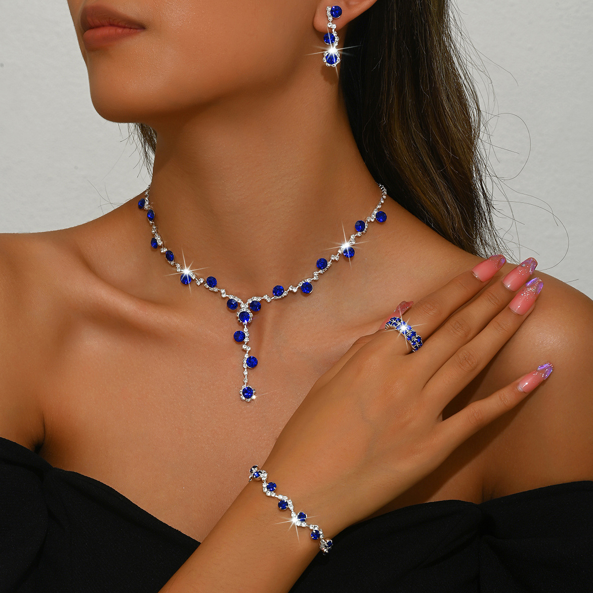 F sapphire blue necklace earrings bracelet ring 2 rows