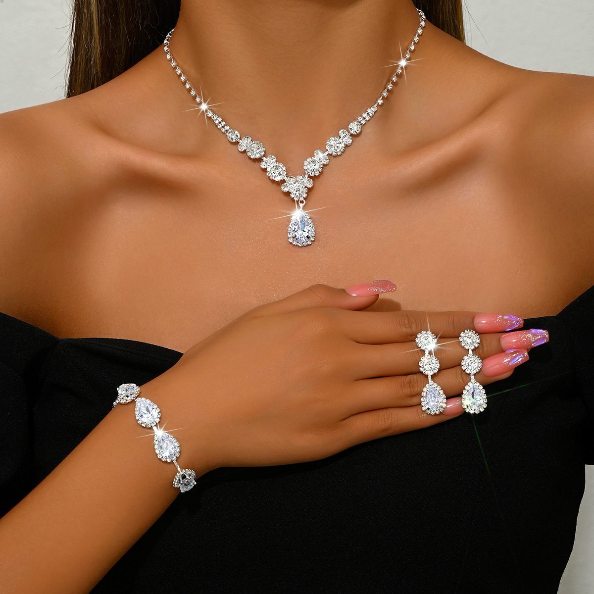 1544 silver white necklace earrings bracelet set