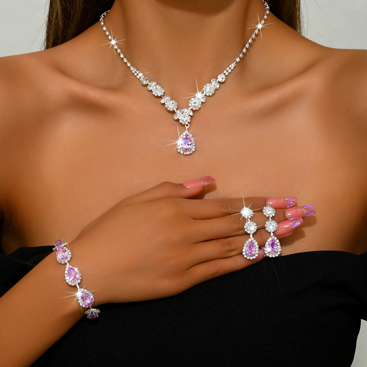1544 silver pink necklace earrings bracelet set