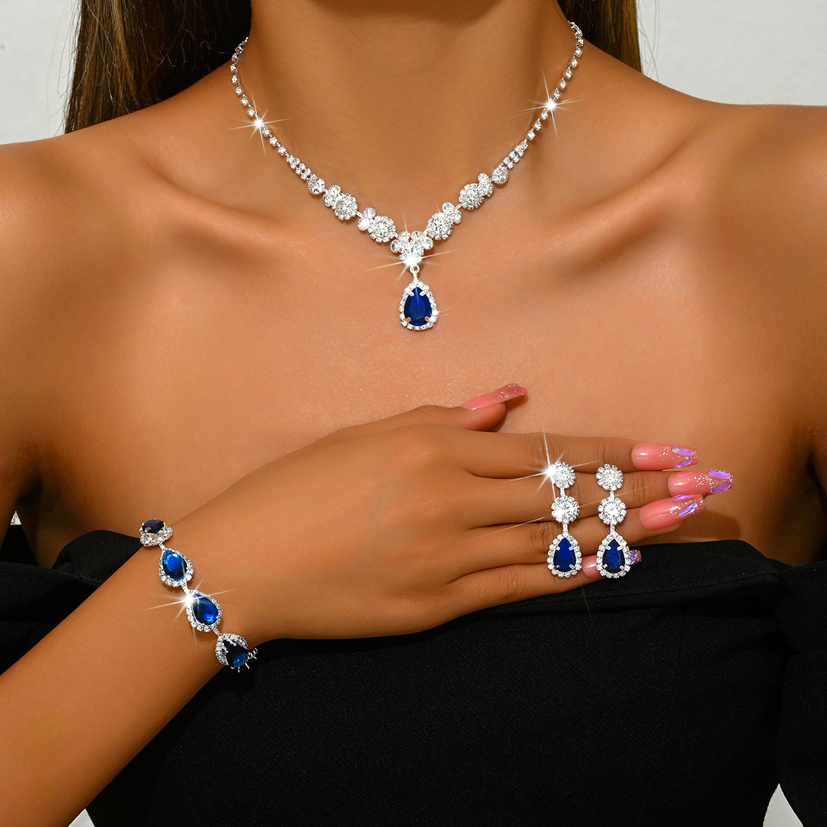 1544 silver sapphire blue necklace earrings bracelet set