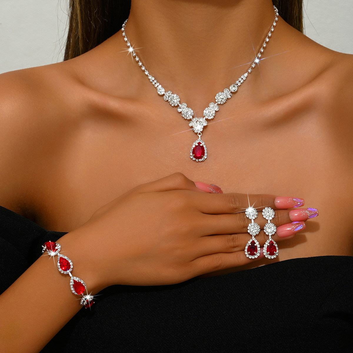 1544 silver red necklace earrings bracelet set