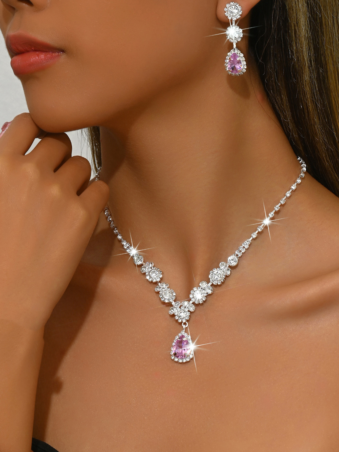 1544 silver pink necklace earrings