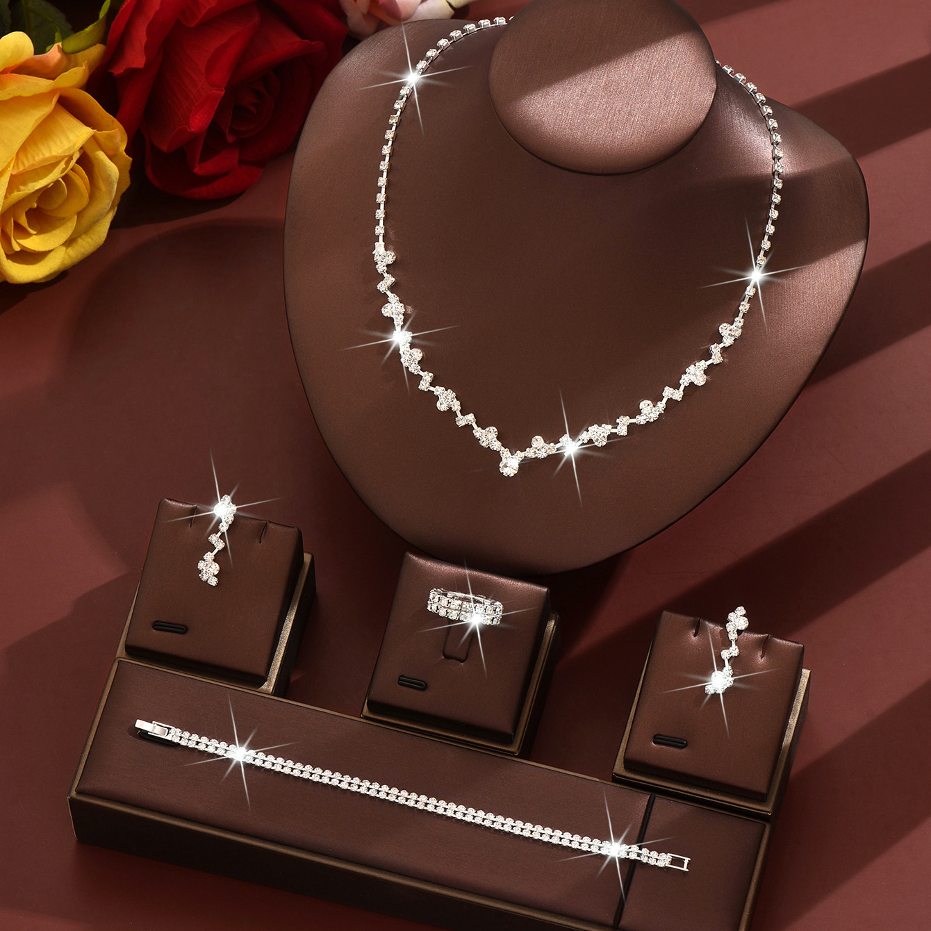 C silver necklace, earrings, bracelet, ring set