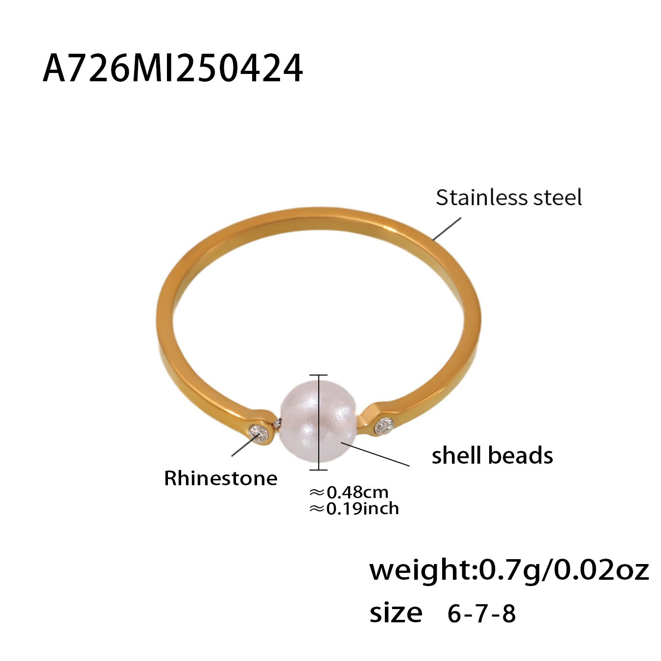 A726-gold white diamond shell bead ring no. 6