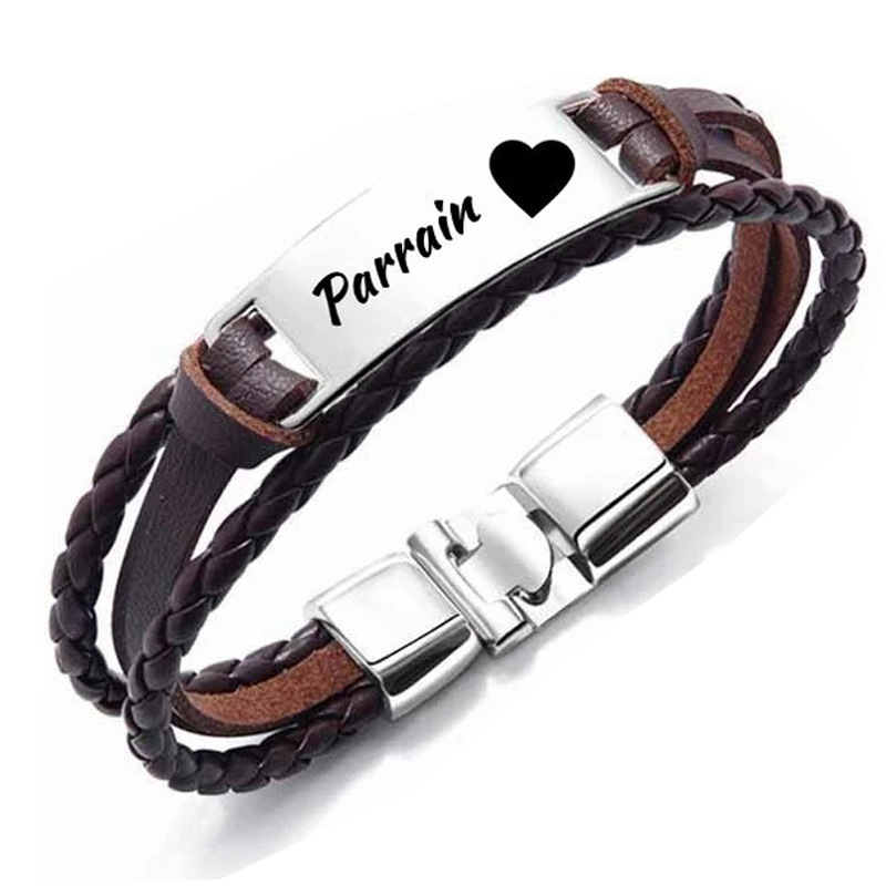 brown leather rope steel plate Parrain lettering