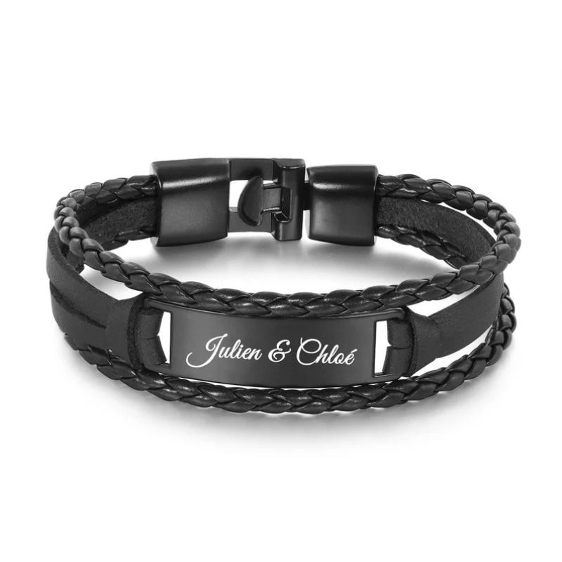 Black leather rope   black steel plate lettering