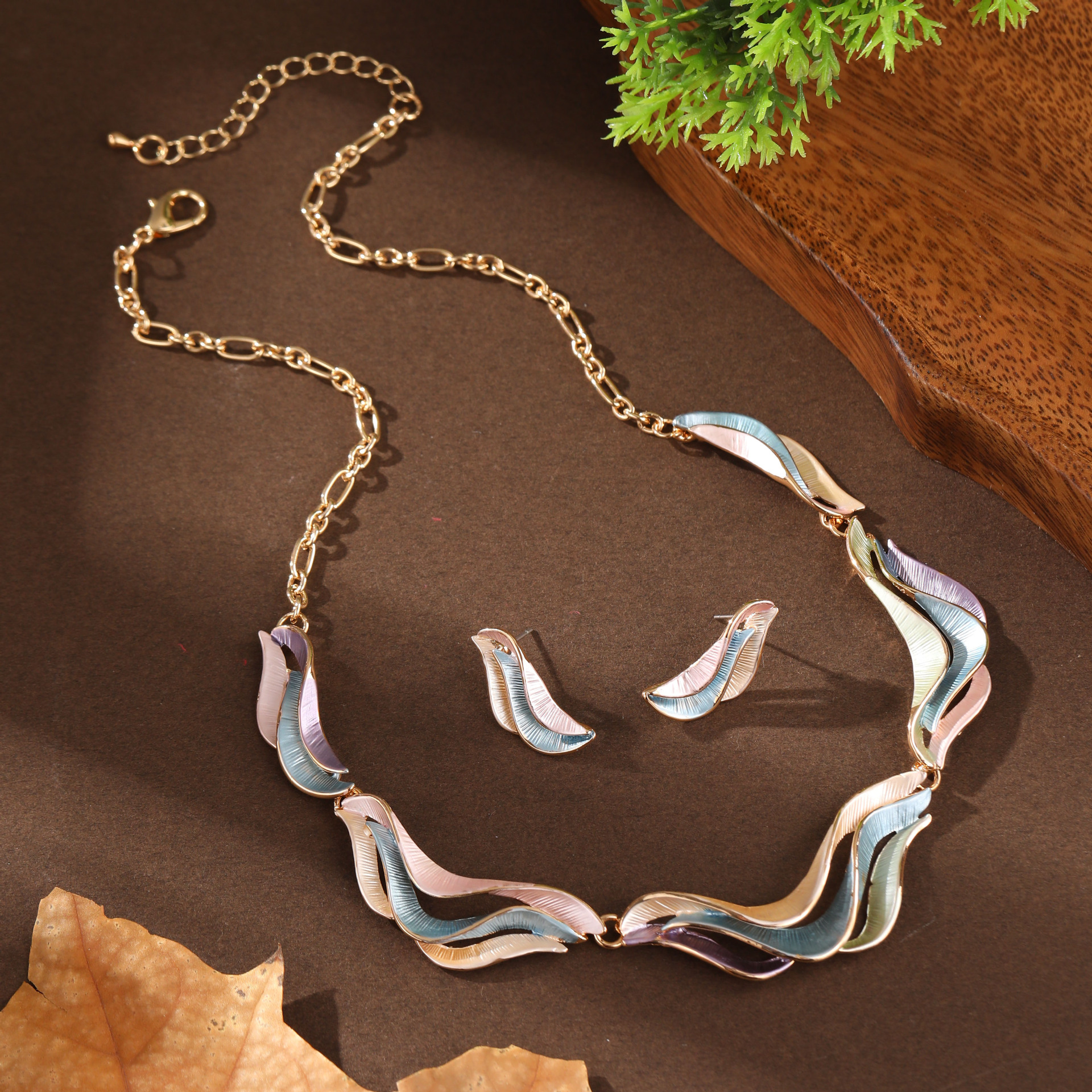 Spring color line petal earrings necklace suit-gold