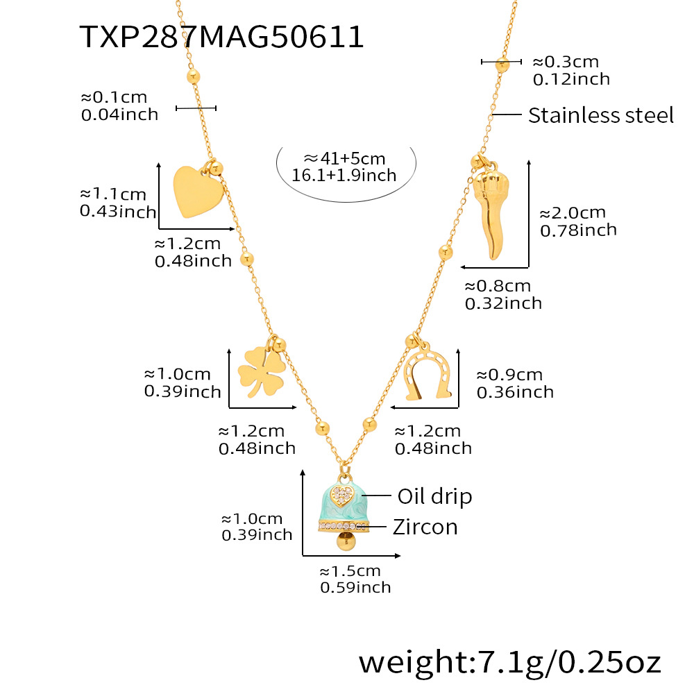 Txp287-gold light green bell enamel necklace 41 5cm