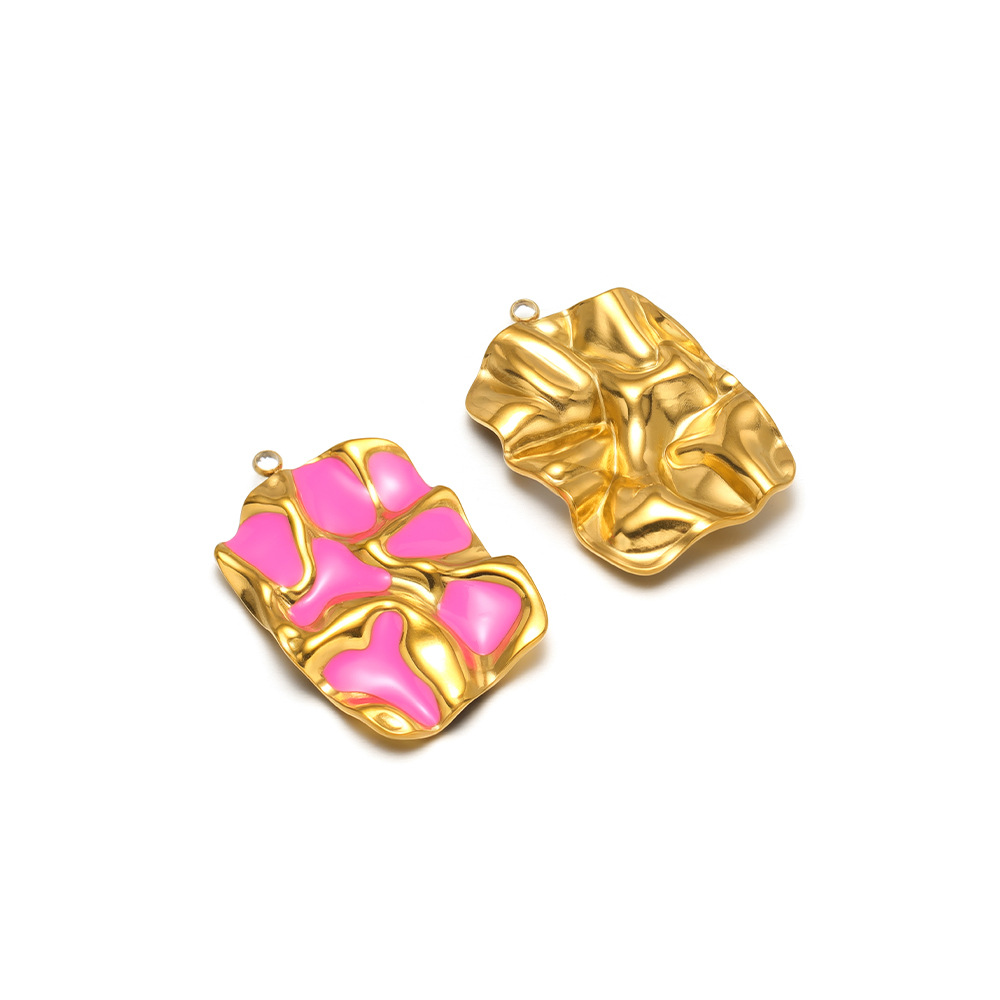 34*23mm golden pleated rectangular single-sided oil dripping, 1.9mm single hole inside, rose pink