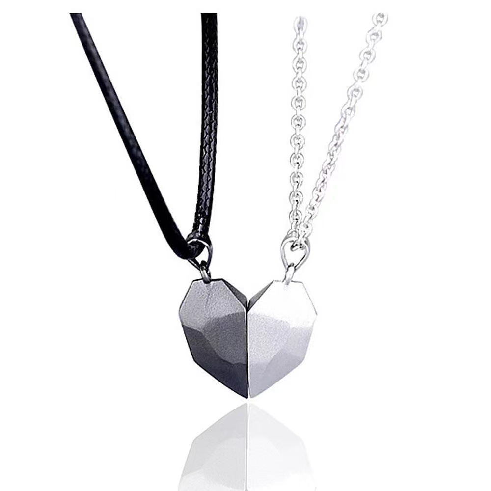 Black and white couple necklace (black rope silver chain)