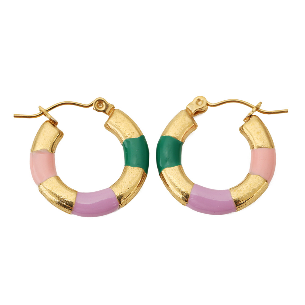 Three-color drop earrings dark green light pink light purple