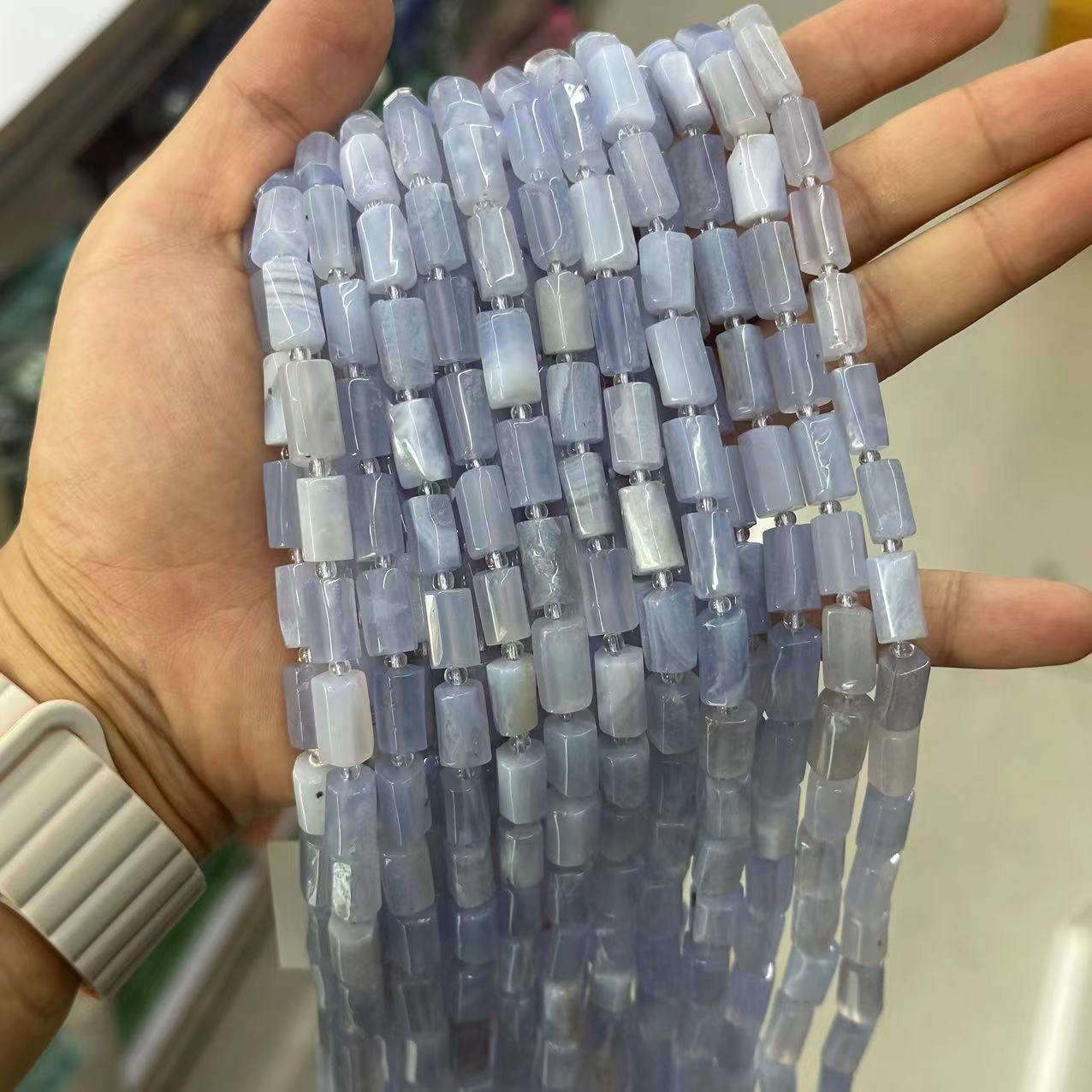 Blue chalcedony is about 7*12mm (small particles, glossy)