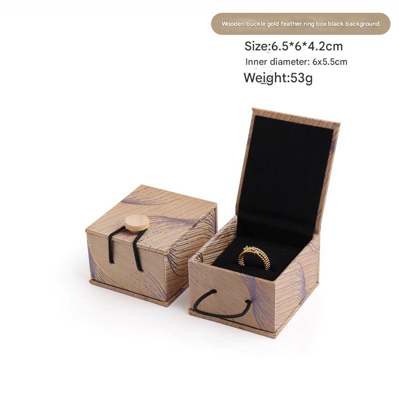 Wooden clasp gold feather ring box
