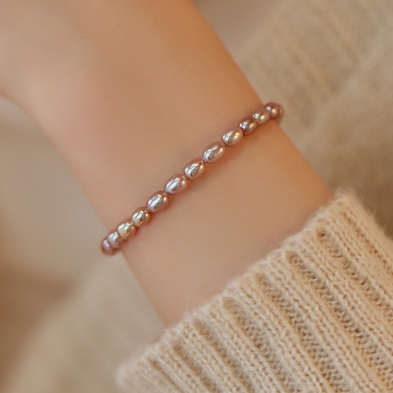 Sl3-1 [all rice beads] pink and purple pearl bracelet