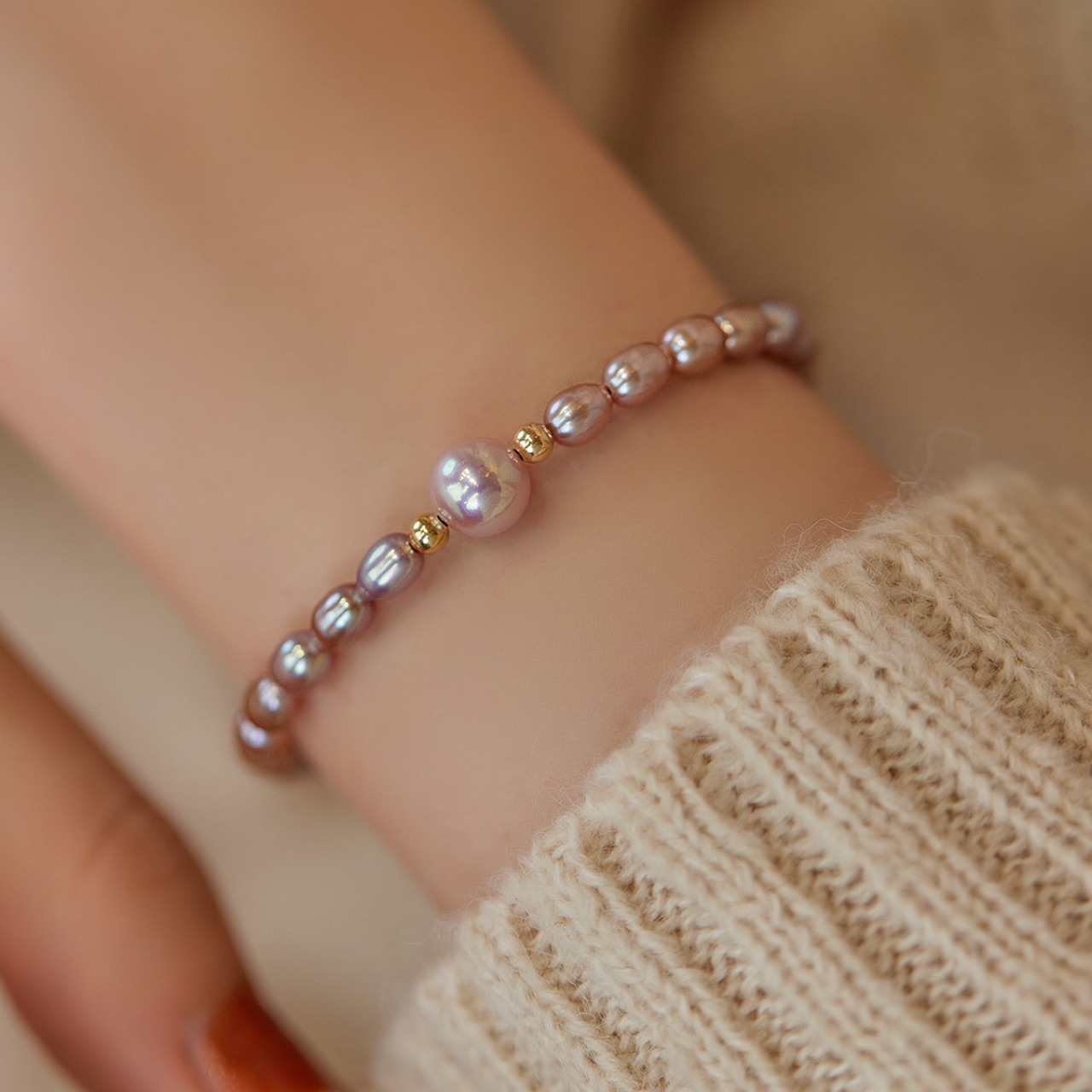 Sl3-2 [one bead] pink and purple rice beads pearl bracelet