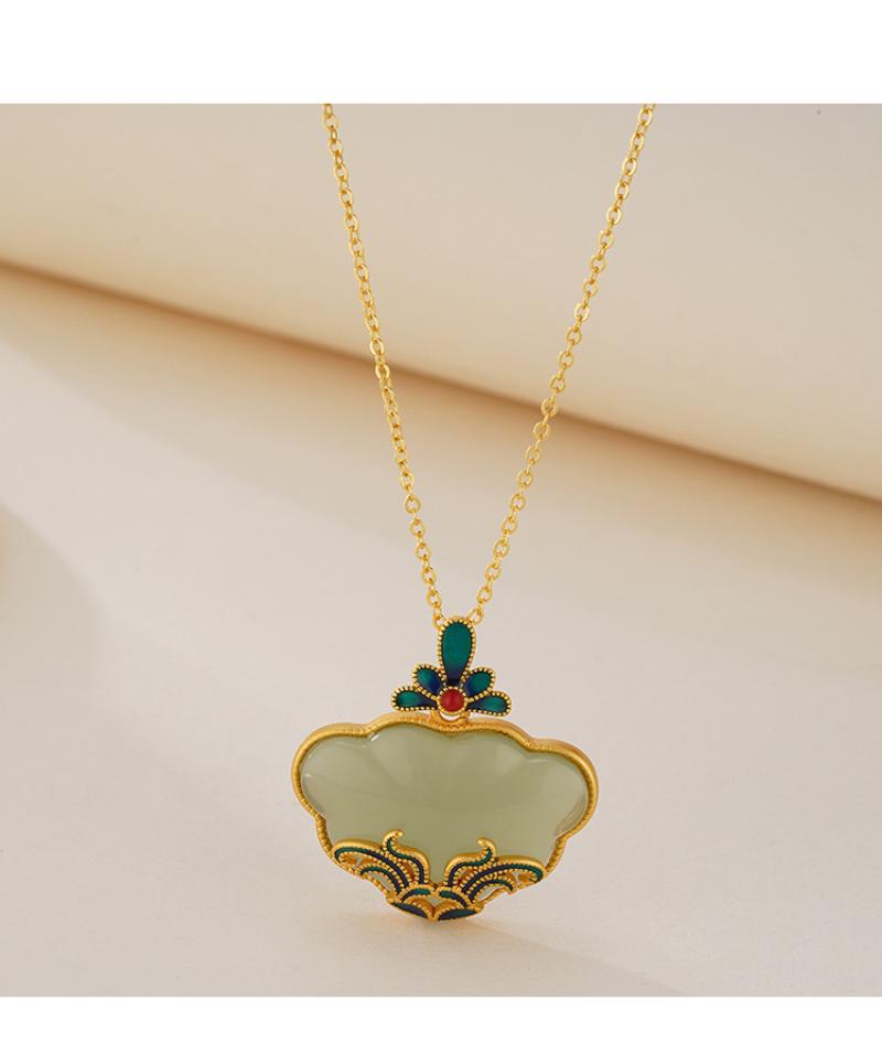Green jade lotus ruyi lock necklace