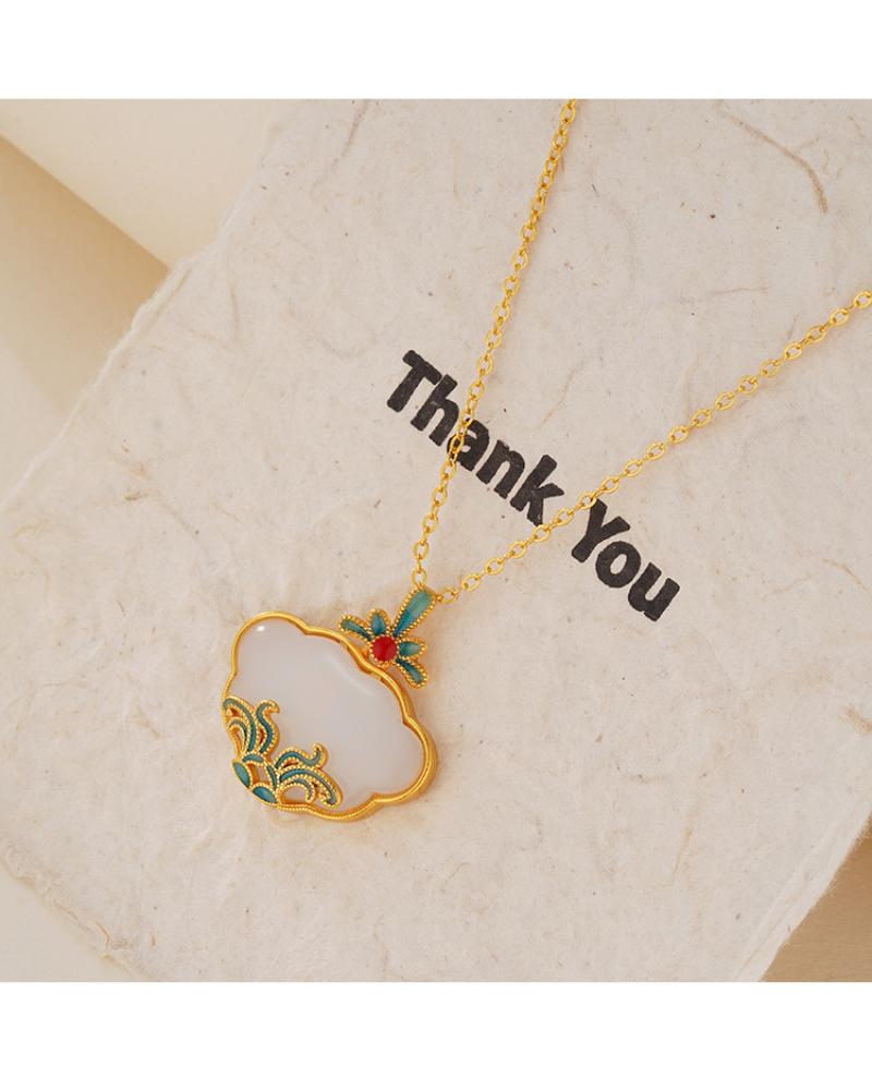 White jade lotus ruyi lock necklace