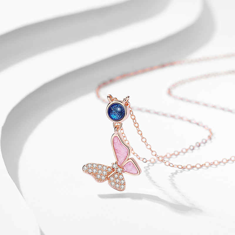 D0859 Flower Butterfly Embrace Necklace (Rose Gold)