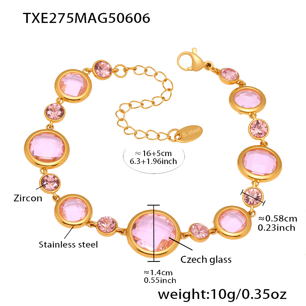 Txe275-gold pink glass stone bracelet 16+5cm