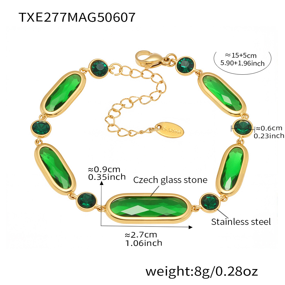 Txe277-gold green glass stone bracelet 15+5cm