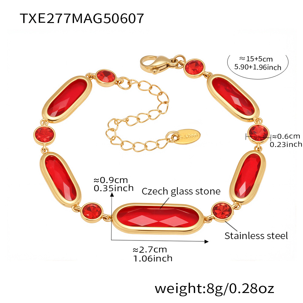 Txe277-gold red glass stone bracelet 15+5cm